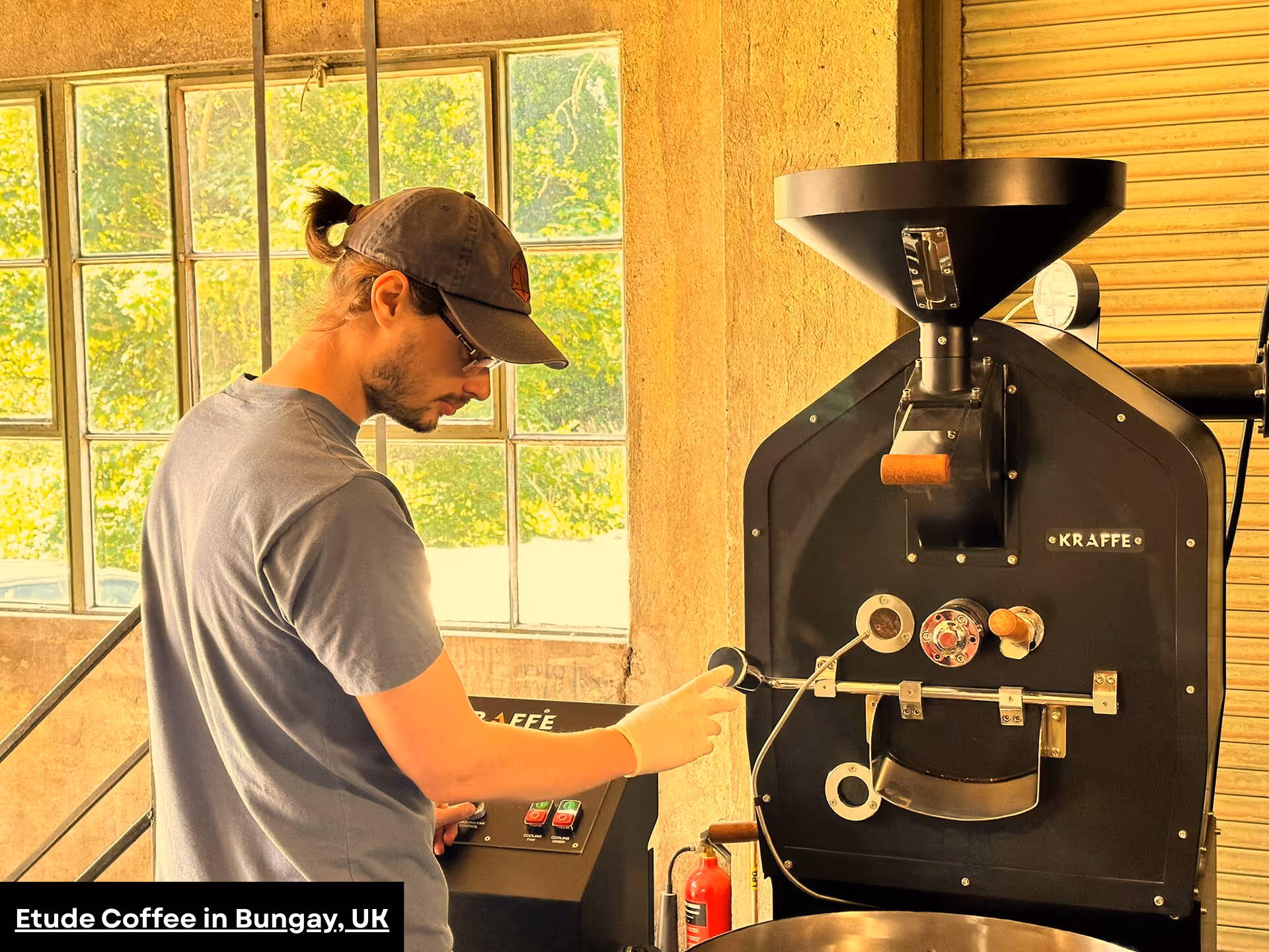 Kraffe Roasters design schematic overlayed on roasted coffee beans
