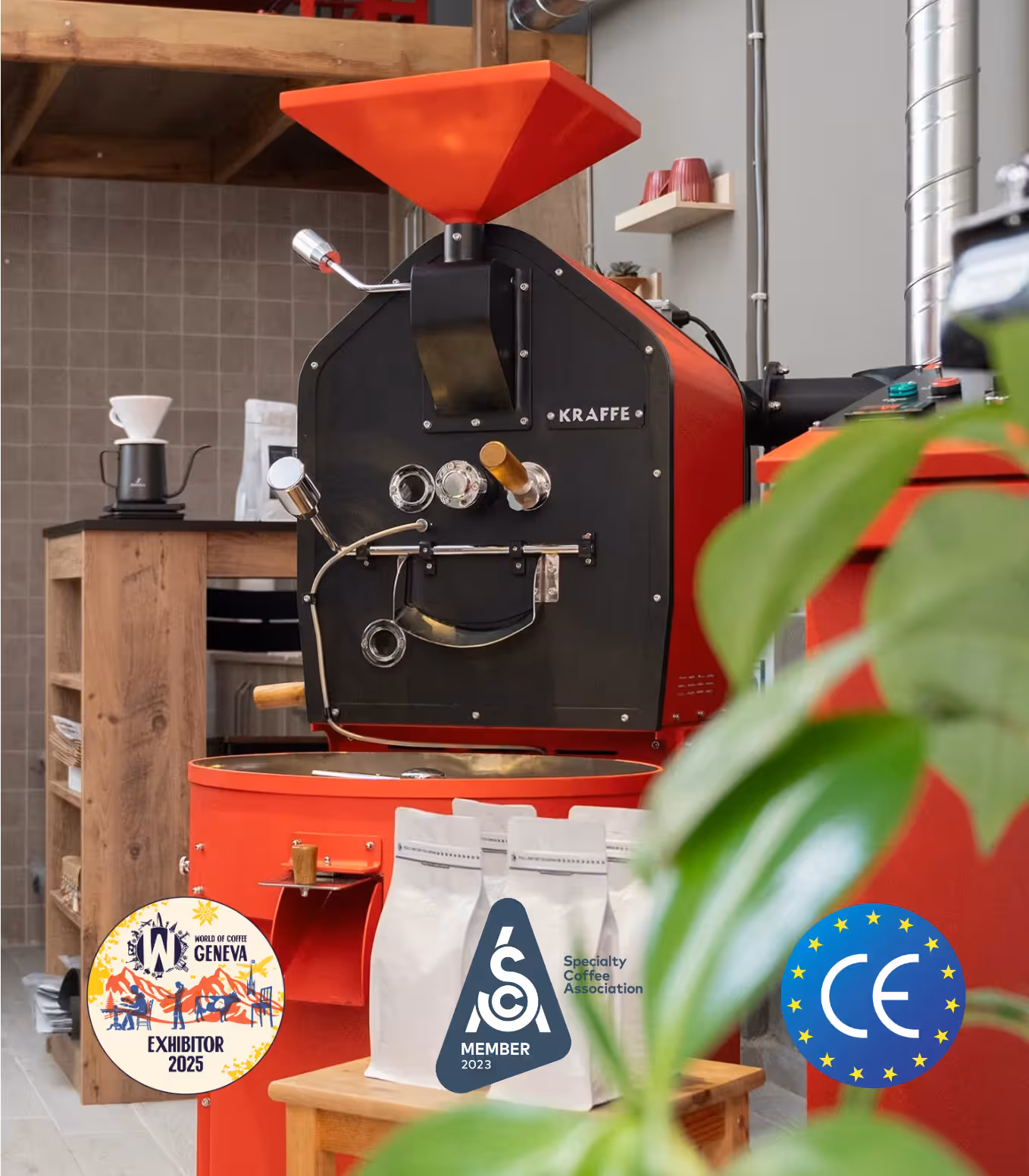 Detailed view of a commercial Kraffe industrial coffee roasting machine